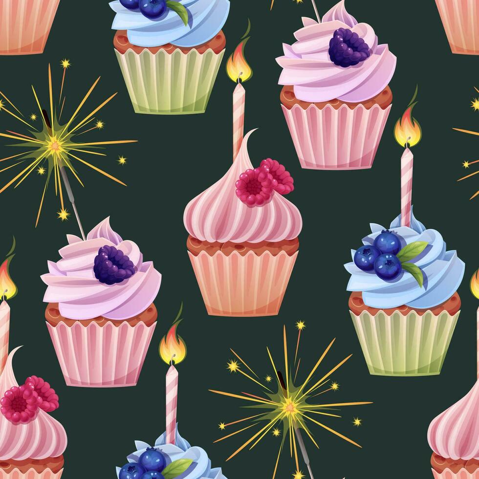 nahtlos Muster mit Cupcake dekoriert mit Creme, Brombeeren, Blaubeeren, Himbeeren, Kerze und Wunderkerze. Geburtstag Muffin Hintergrund. festlich Textur zum Verpackung Papier, Karten, Stoff vektor