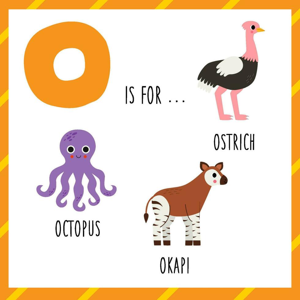inlärning engelsk alfabet för ungar. brev o. söt tecknad serie bläckfisk okapi struts. vektor