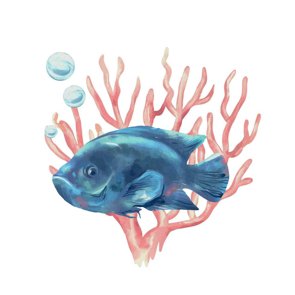 Fisch, Rosa Korallen, Wasser Blasen. Vektor Illustration im Aquarell Stil. Design Element zum Essen Etiketten, Gruß Karten, Abdeckungen, thematisch Flyer und Banner.