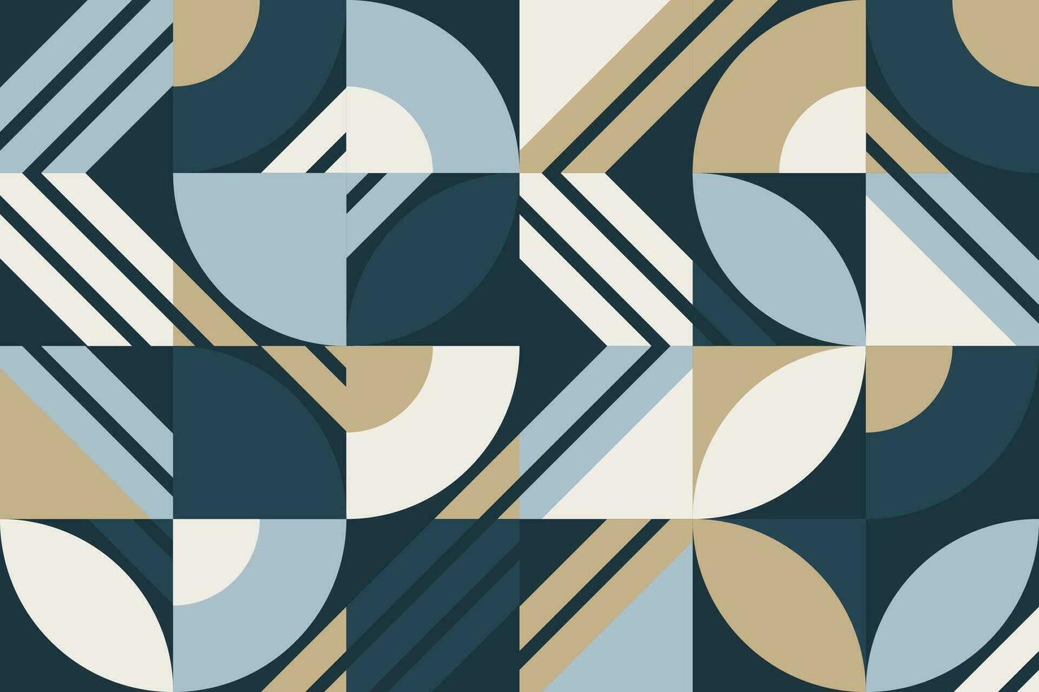 chic, minimalistisk konstverk med abstrakt geometrisk former i en bauhaus-inspirerad mönster. funktioner en harmonisk blanda av cirklar och rektanglar i en Häftigt, modern Färg palett vektor