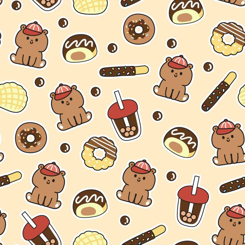 sömlös mönster av söt teddy Björn sitta med choklad smak ljuv och efterrätt bakgrund.bageri.vild djur- karaktär tecknad serie design.bild för kort, affisch, baby clothing.kawaii.vector.illustration. vektor