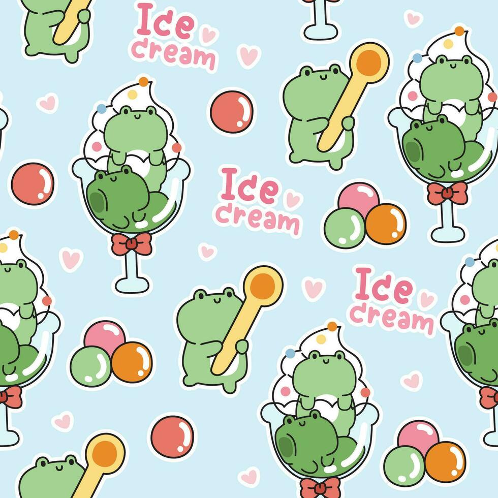 sömlös mönster av söt groda is grädde och godis på blå pastell bakgrund.reptil djur- karaktär tecknad serie design.söt och dessert.bild för kort, affisch, baby clothing.kawaii.vector.illustration. vektor