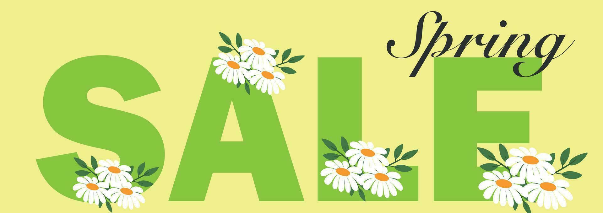 vår försäljning rubrik eller baner design. vår försäljning text, färgrik daisy blommor för de vår säsong- befordran. vår bakgrund, omslag, försäljning baner, flygblad design. vektor