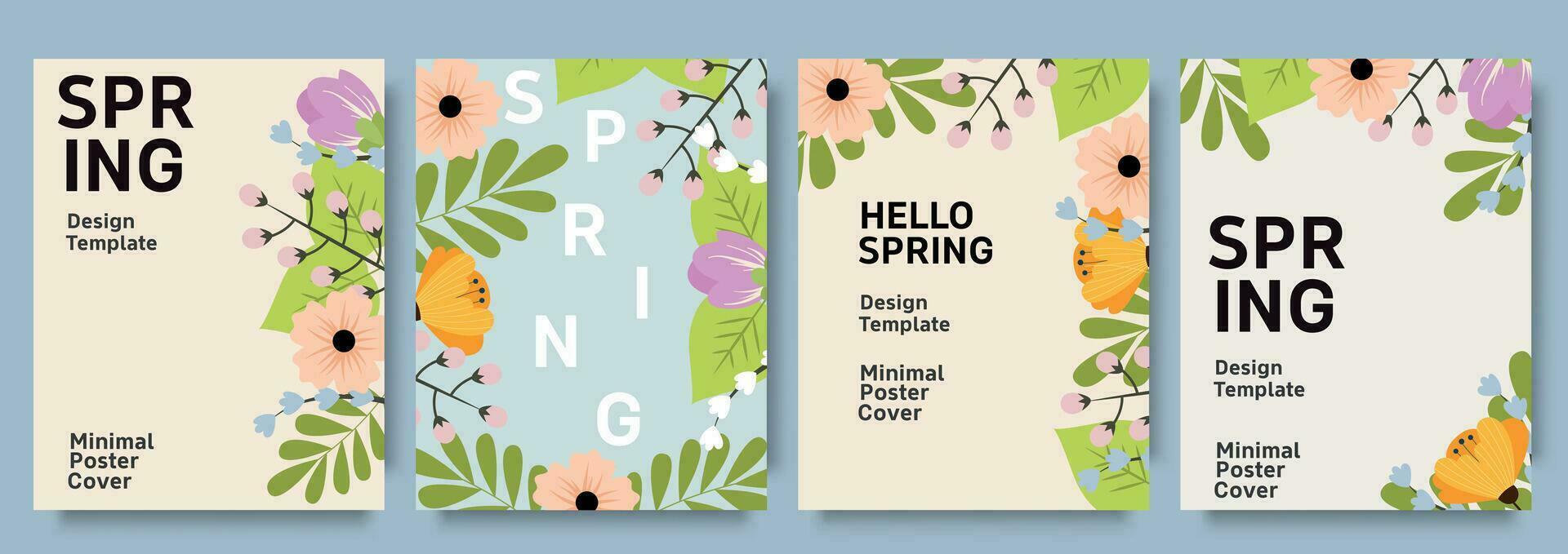 einstellen von modisch minimal Frühling Plakate mit hell schön Blumen und modern Typografie. Frühling Hintergrund, Abdeckung, Verkauf Banner, Flyer Design. Vorlage zum Werbung, Netz, Sozial Medien. vektor