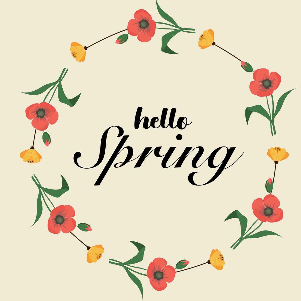 Hallo Frühling Kranz Karte, mit Blumen Illustration Clip Art, Blumen- Kreis rahmen. Frühling Blätter. modern modisch bunt Design. Vorlage zum Werbung, Netz, Sozial Medien. vektor