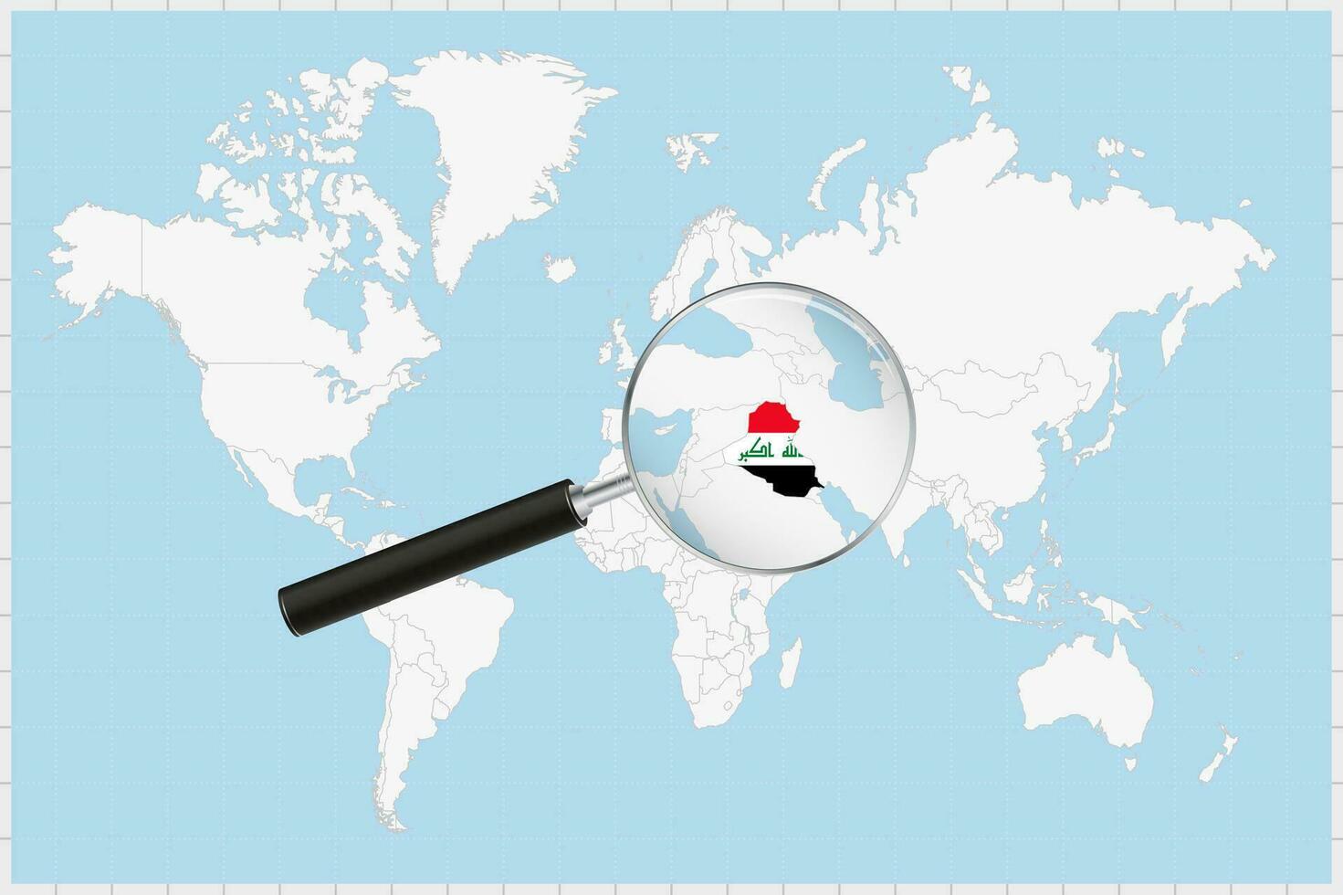 Vergrößerung Glas zeigen ein Karte von Irak auf ein Welt Karte. vektor