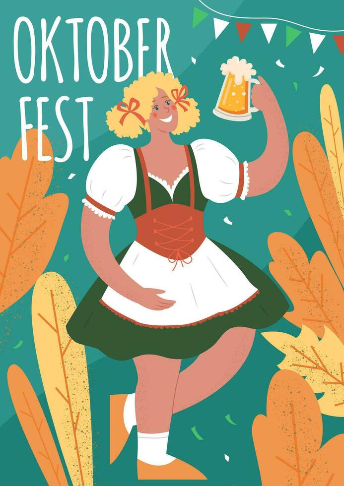 oktoberfest vertikal lång baner. öl festival. en kvinna i en nationell tysk kostym innehar en råna av öl. vektor platt illustration.