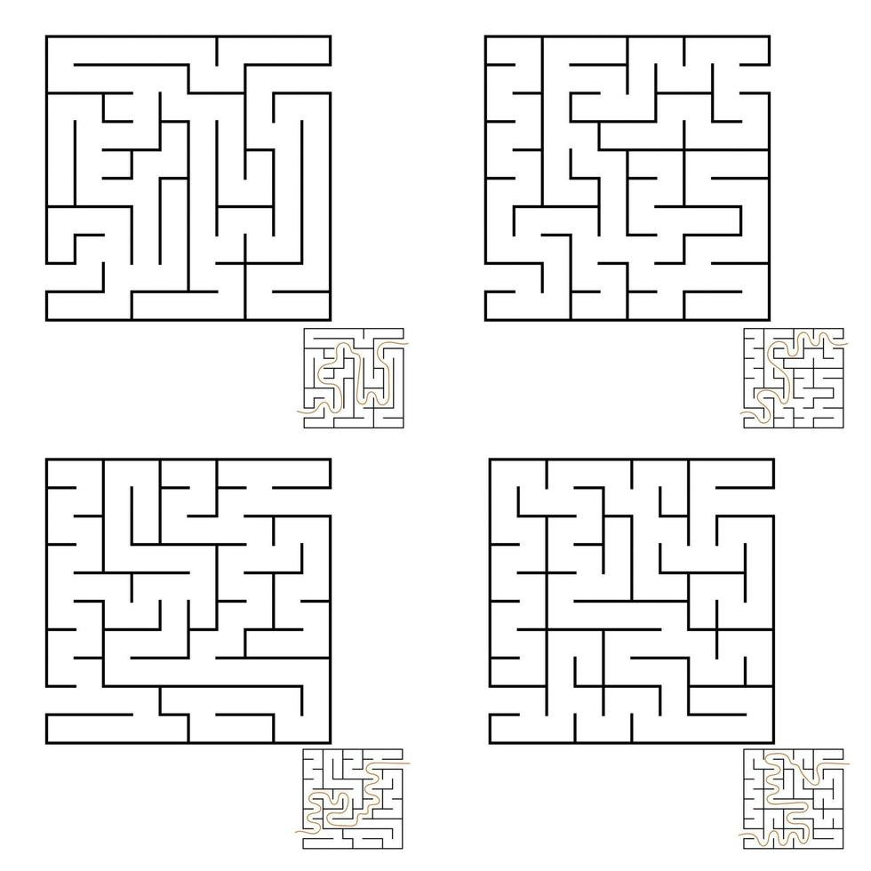 abstraktes einfaches quadratisches isoliertes Labyrinth. vier Möglichkeiten. schwarze Farbe auf weißem Hintergrund. ein interessantes Spiel für Kinder und Erwachsene. einfache flache vektorillustration. mit der Antwort. vektor