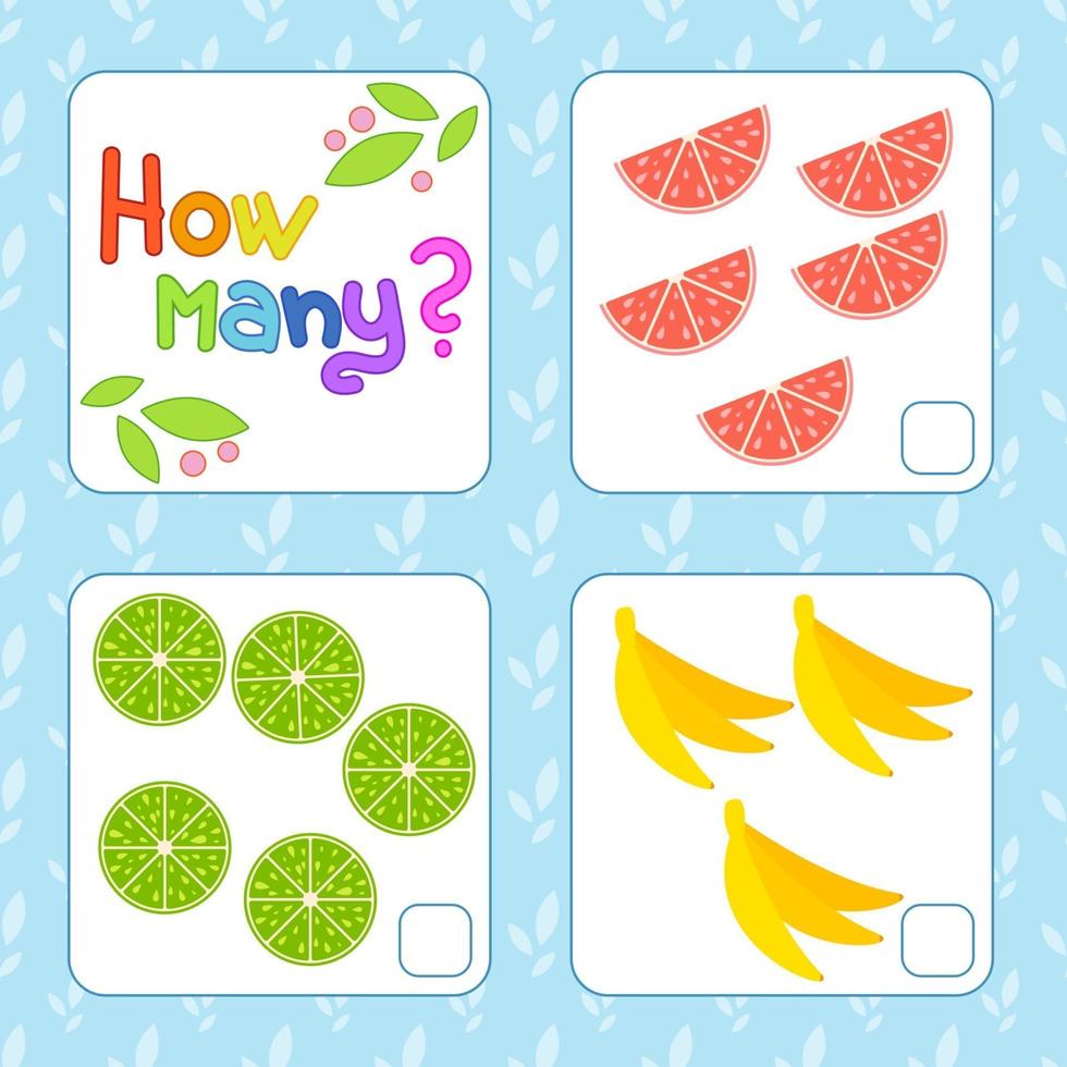 spel för förskolebarn. räkna lika många frukter i bilden och skriv ner resultatet. banan, vattenmelon, lime. med plats för svar. enkel platt isolerad vektor illustration.