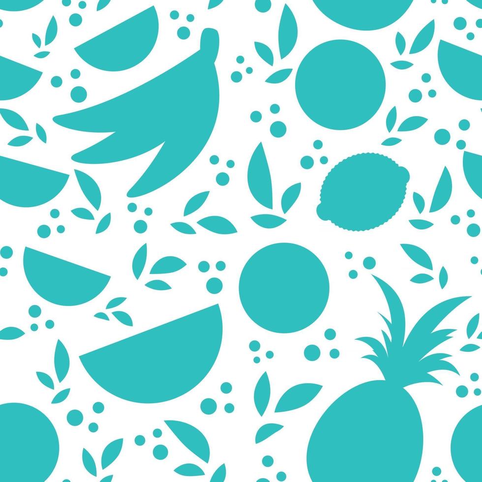 färgglada sömlösa mönster av silhuetter av tropiska frukter på en vit bakgrund. enkel platt vektor illustration. för design av tapeter, tyg, omslagspapper, omslag, webbplatser.