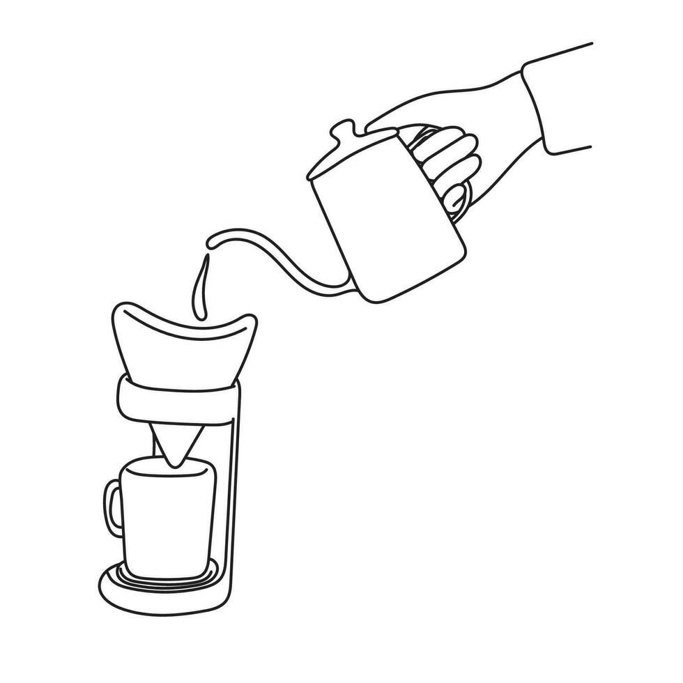 hand häller varm vatten på kaffe jord med fyllning illustration vektor hand dragen isolerat på vit bakgrund