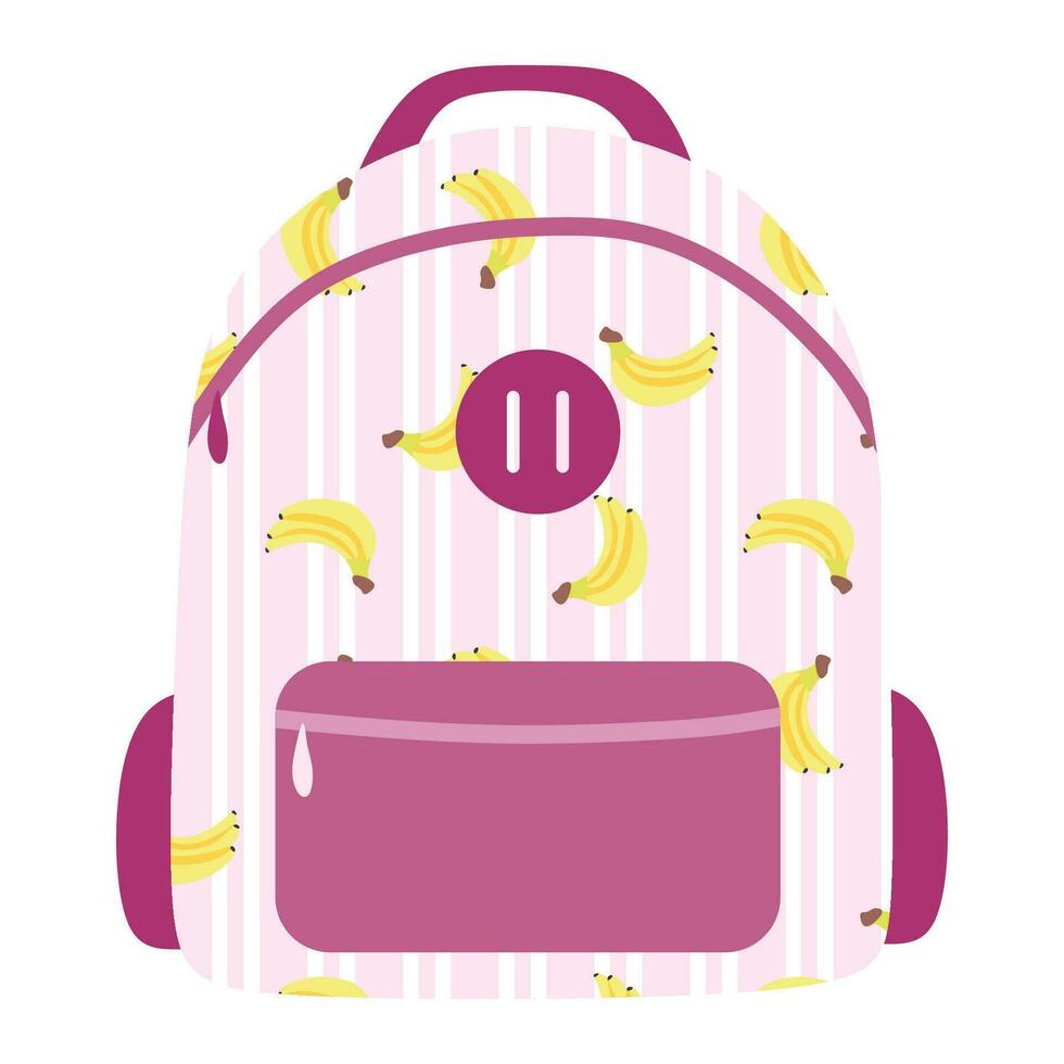 rosa ryggsäck med banan skriva ut tecknad serie stil. platt vektor tillbehör illustration. barn eller flickor skola väska för studerar, reser. design element för dekoration, mall, klistermärke packa.