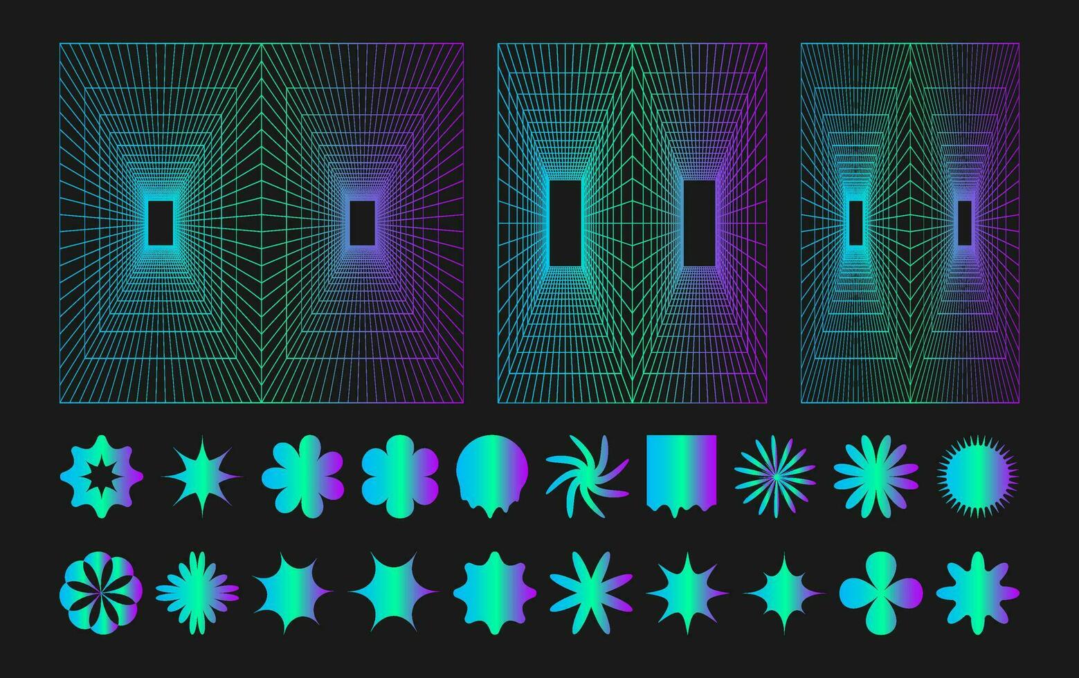 cyber rutnät, punk- perspektiv rektangulär tunnlar och y2k psychedelic element uppsättning. rutnät geometri tunnel, element på svart bakgrund. trendig trogen vektor illustration.