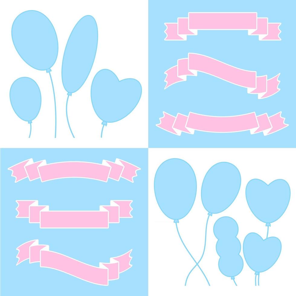 eine Reihe von Bändern aus Bannern und Ballons. mit Platz für Text. einfache flache vektorillustration lokalisiert auf weißem und blauem hintergrund. geeignet für Infografiken, Design, Werbung, Urlaub, Etiketten. vektor