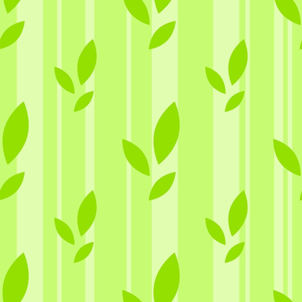 buntes nahtloses Muster von niedlichen grünen Blättern auf einem gestreiften Hintergrund. einfache flache vektorillustration. für die Gestaltung von Papiertapeten, Stoffen, Geschenkpapier, Covern, Websites. vektor