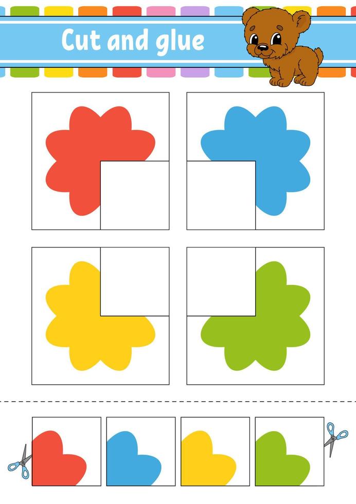klipp och klistra. fyra flashkort. färgpussel. utbildning som utvecklar arbetsblad. aktivitetssida. spel för barn. rolig karaktär. isolerad vektor illustration. tecknad stil.