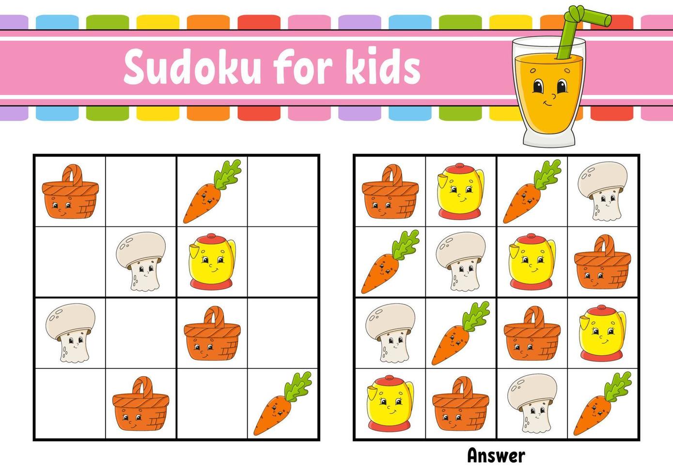 Sudoku für Kinder. Arbeitsblatt zur Bildungsentwicklung. Aktivitätsseite mit Bildern. Puzzle-Spiel für Kinder. logisches Denken trainieren. isolierte Vektor-Illustration. lustiger Charakter. Cartoon-Stil. vektor