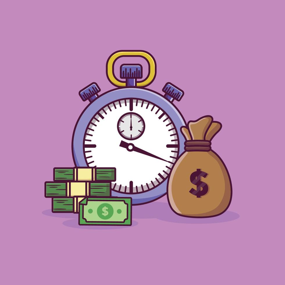 Geldbeutel, Bargeldmünzen, Geld und Steppuhr. Zahlung Symbol Cartoon. Zeit ist Geld Hintergrundkonzept. vektor