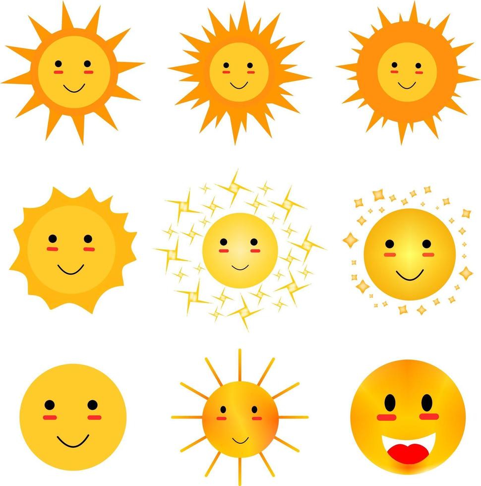 Satz einfacher Sonnen-Emojis. Set von niedlichen Sonnencliparts. vektor