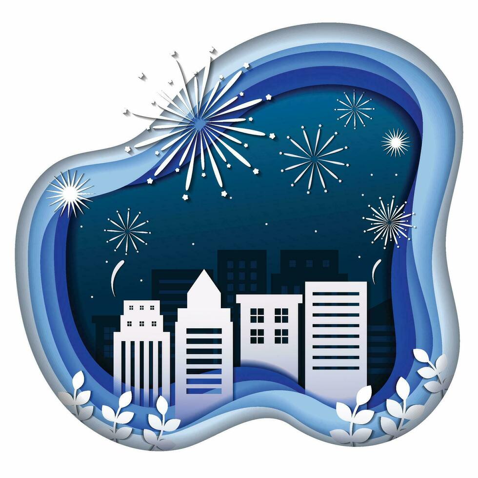 Stadtbild mit Feuerwerk im Papier Schnitt Stil zum glücklich Neu Jahr Karte vektor