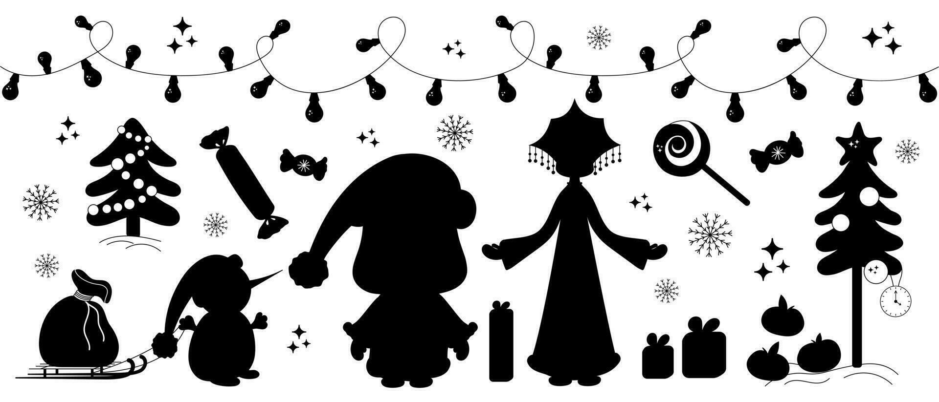 einstellen Neu Jahr, Weihnachten schwarz Silhouette Vektor Elemente. Santa Klaus, Schnee Mädchen, Schneemann