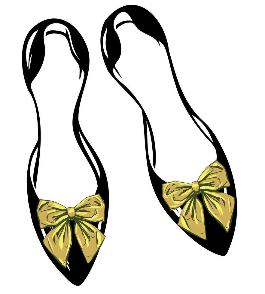 komfortabel Schuhe ohne ein Hacke, dekoriert mit Gold Verbeugungen. Ballett Schuhe - - Damen Schuhe, Silhouette. Vektor Illustration zum Geschäft, Logo, Geschäft Design.
