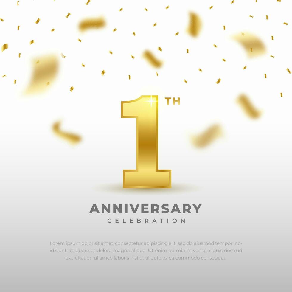 1: a årsdag firande med guld glitter Färg och vit bakgrund. vektor design för firande, inbjudan kort och hälsning kort.