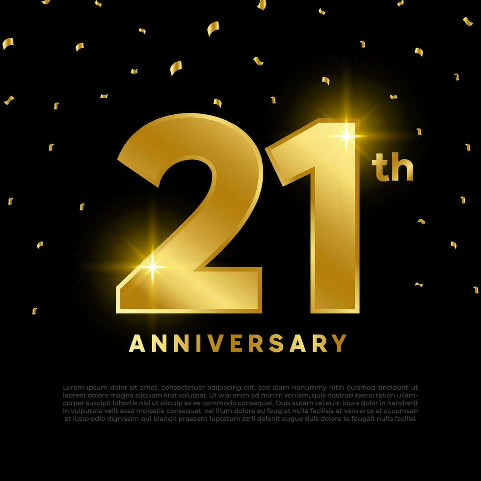 21: e årsdag firande med guld glitter Färg och svart bakgrund. vektor design för firande, inbjudan kort och hälsning kort.