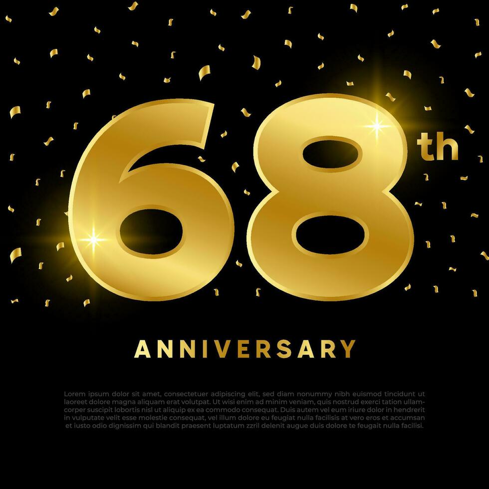 68: e årsdag firande med guld glitter Färg och svart bakgrund. vektor design för firande, inbjudan kort och hälsning kort.