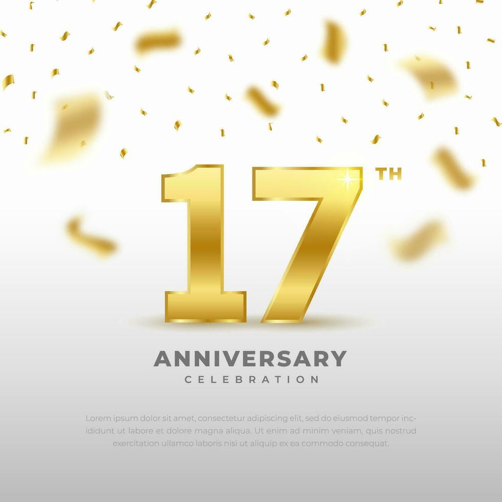 17:e årsdag firande med guld glitter Färg och vit bakgrund. vektor design för firande, inbjudan kort och hälsning kort.