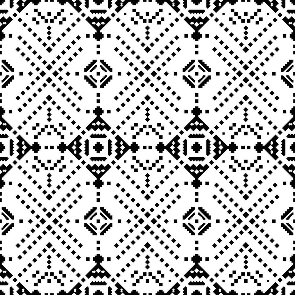 inhemsk stam- sömlös retro mönster. abstrakt dekorativ pixel stil. geometrisk etnisk motiv. svart och vit färger. design för tyg, textil, prydnad, Kläder, bakgrund, omslag, batik. vektor