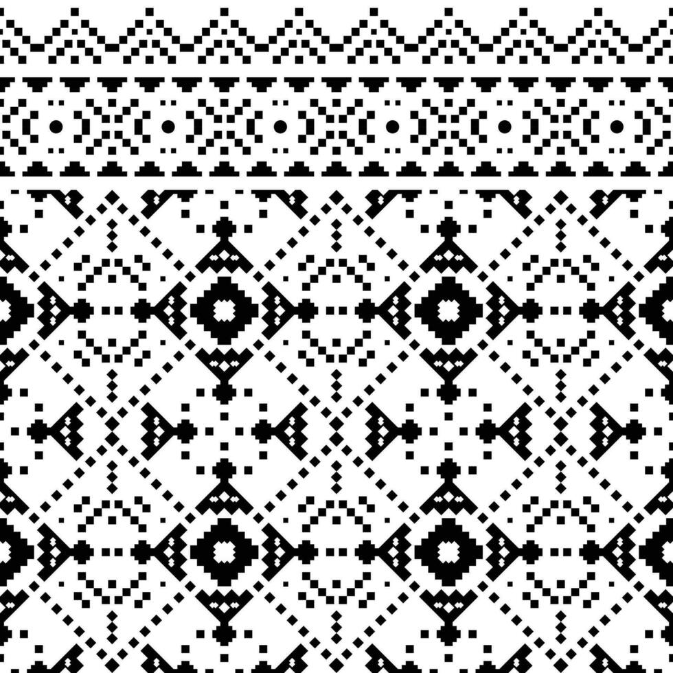 geometrisk sömlös gräns mönster. aztec och navajo stam- med pixel stil. etnisk prydnad dekoration. svart och vit. design för tyg, textil, prydnad, Kläder, bakgrund, omslag, batik. vektor