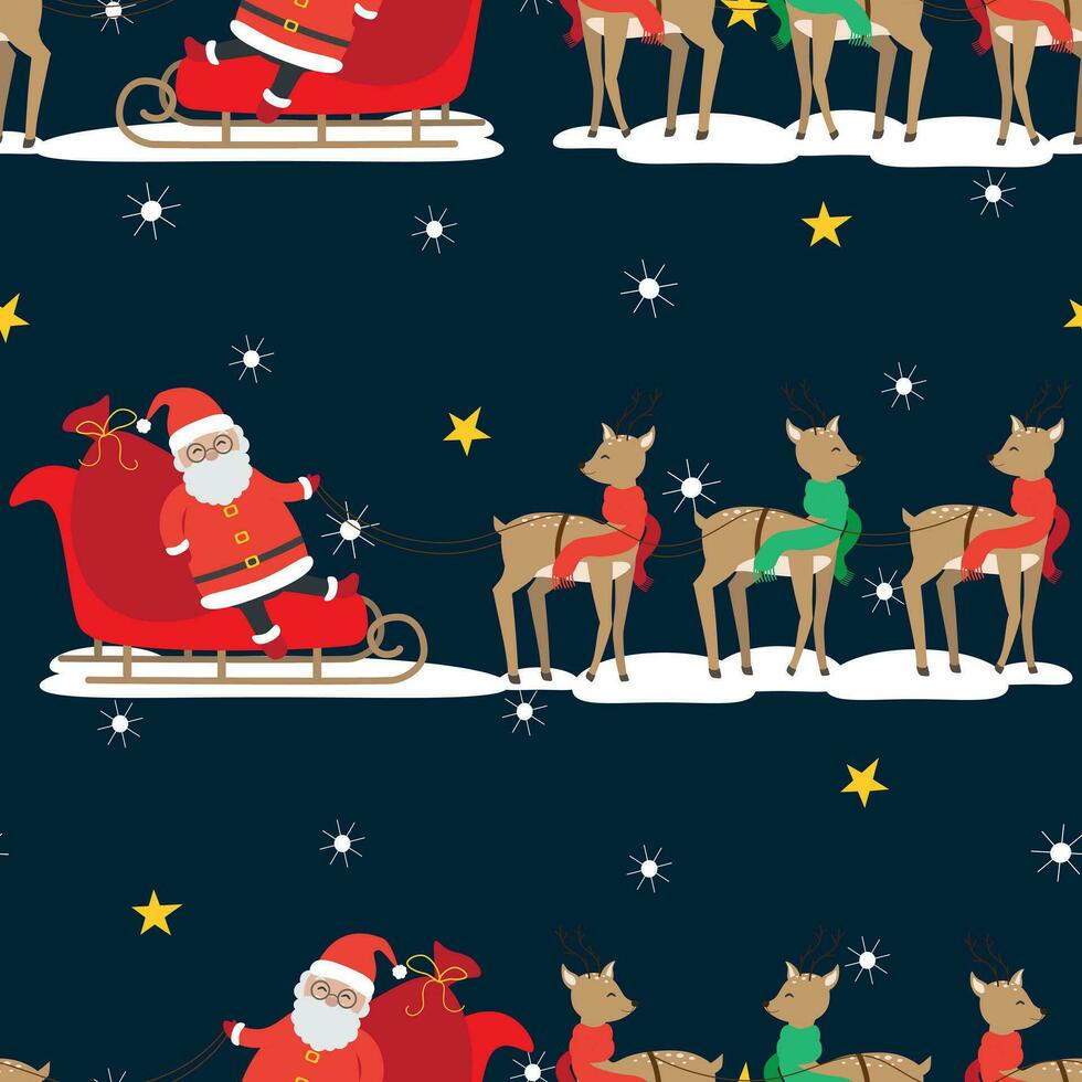 jul sömlös mönster med santa claus i släde och renar i tecknad serie stil vektor