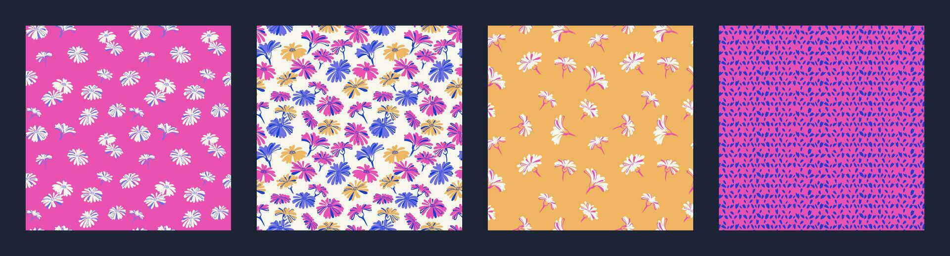 collage enkel kreativ blommig och knoppar, fläckar, prickar, droppar, rader sömlös mönster. vektor hand dragen skiss. ljus rosa gul blå enkel blommor uppsättning skriva ut. design för tyg, mode, textil-