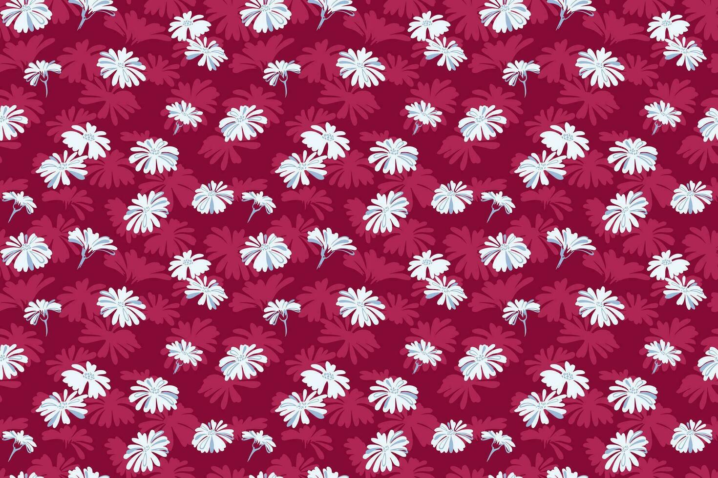 nahtlos Muster mit kreativ Blumen- auf ein Burgund Hintergrund. Vektor Hand gezeichnet skizzieren Gekritzel. modisch ditsy Blumen drucken. Design zum Stoff, Mode, Textil-