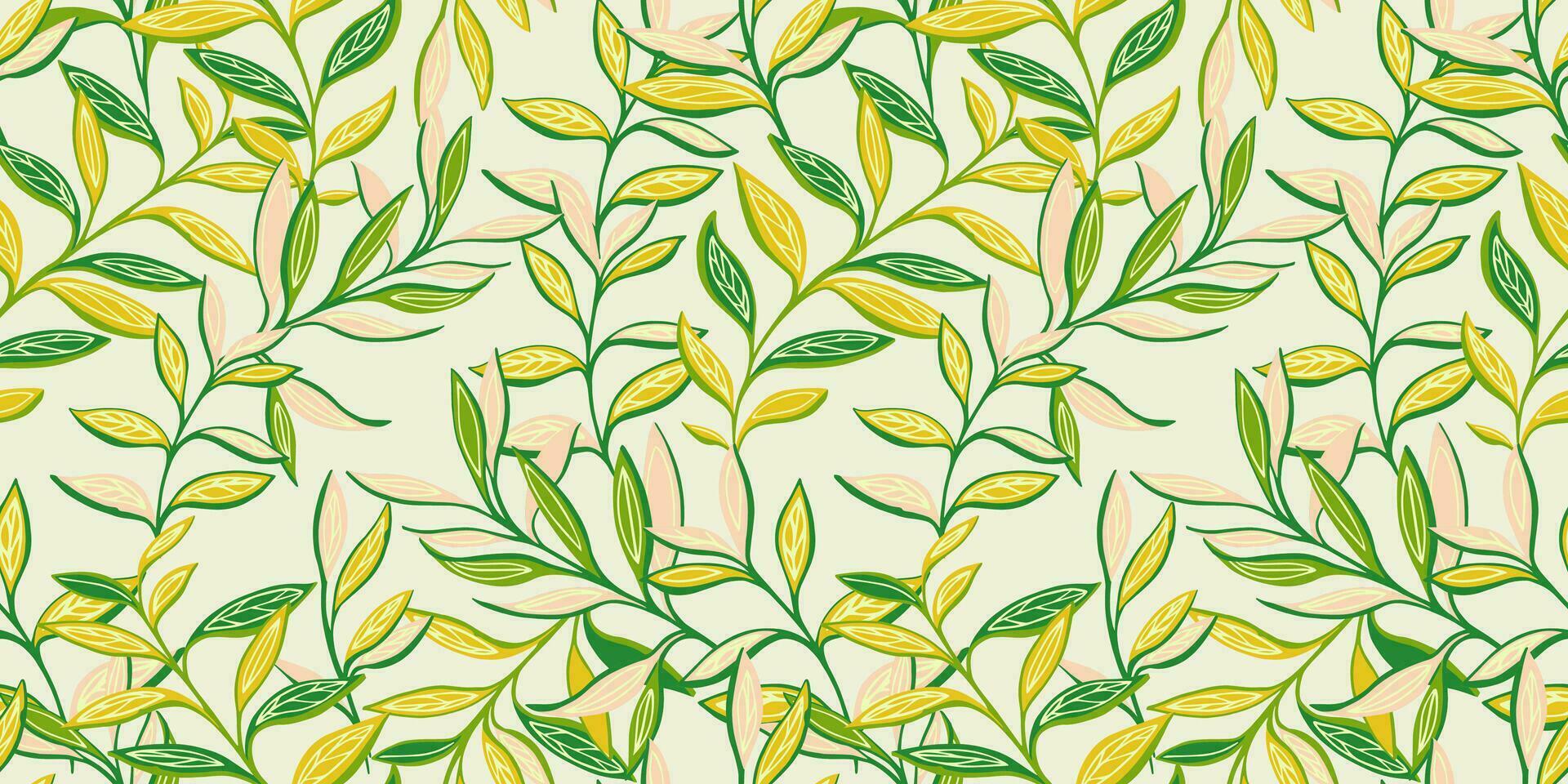 kreativ einfach Blätter verflochten im ein nahtlos Muster. modisch, modern, bunt Gelb Grün Blätter. Vektor Hand gezeichnet skizzieren. Vorlage zum Textil, Mode, drucken, Oberfläche Design, Stoff