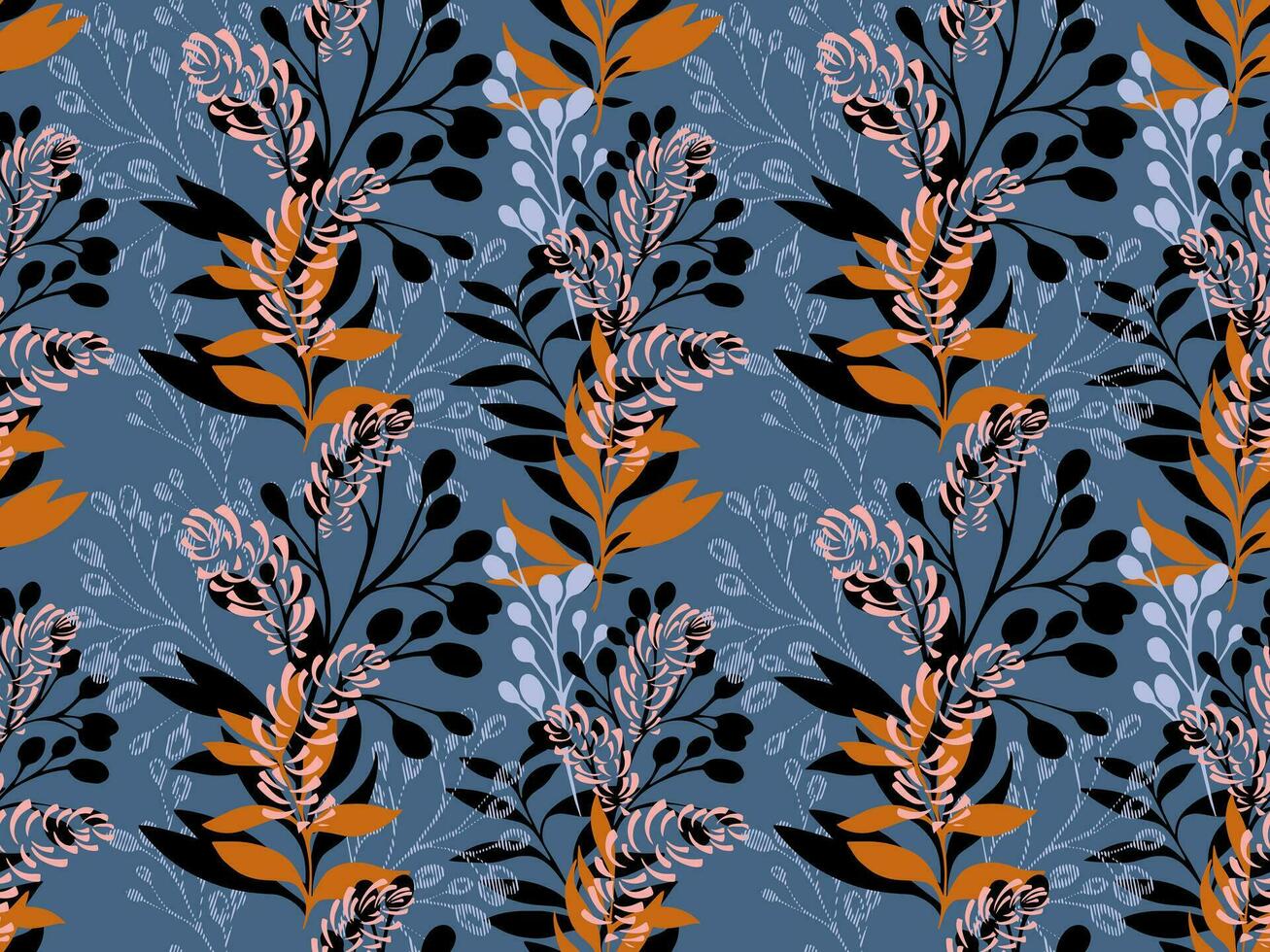 kreativ sömlös mönster med konstnärlig, modern, färgrik grenar med löv. vektor hand dragen skiss löv på en turkos bakgrund. mall för design