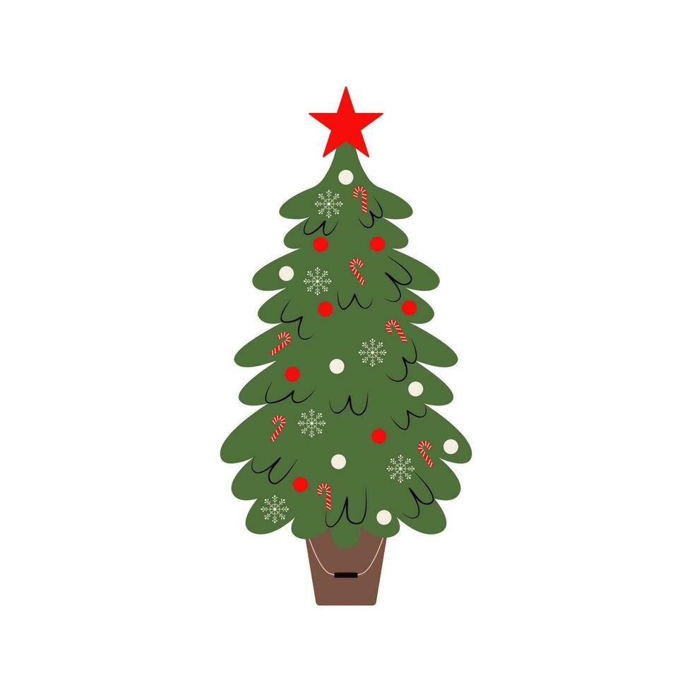 dekoriert Weihnachten Baum mit Geschenk Kisten, Sterne, Beleuchtung, Dekoration Bälle, und Lampen. fröhlich Weihnachten und ein glücklich Neu Jahr. eben Stil Vektor Illustration.