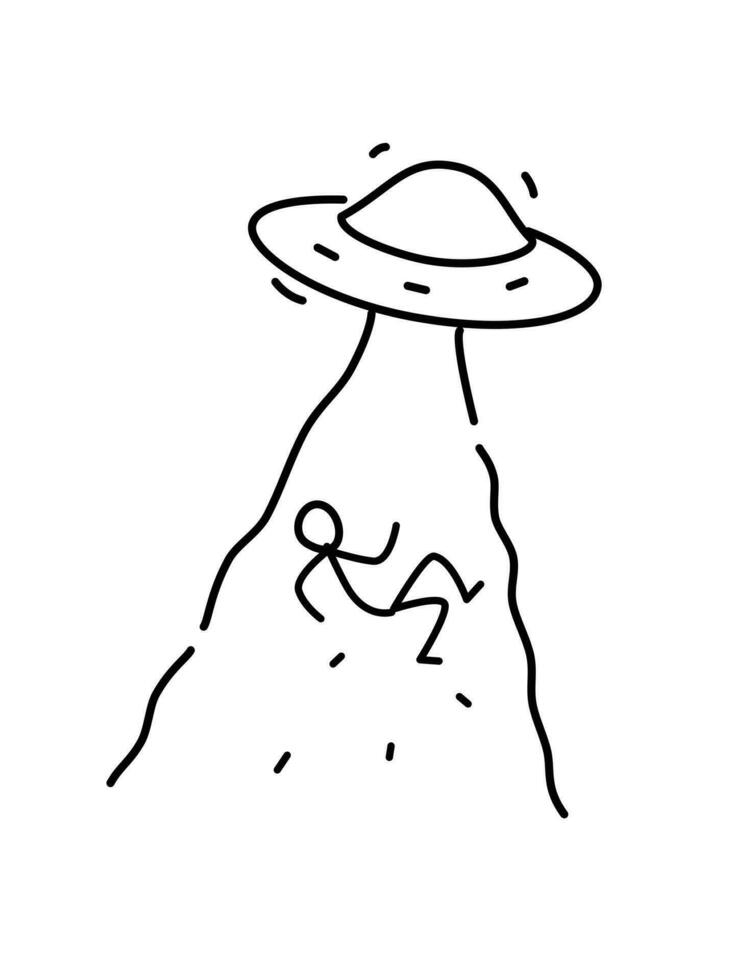 illustration av utomjording bortförande av man. vektor. linjär stil. illustration för hemsida eller presentation. fartyg UFO bortföranden de invånare av de jorden. de är bland oss. vektor