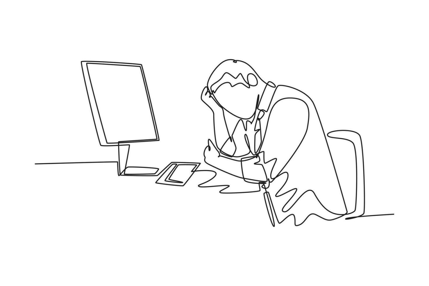Single einer Linie Zeichnung jung müde Geschäftsmann Gefühl schwindlig während er ist Arbeiten beim Büro. Arbeit ermüden nach Überlast Job mit Monitor Computer. kontinuierlich Linie zeichnen Design Grafik Vektor Illustration