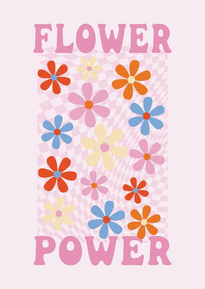 blomma kraft. abstrakt retro estetisk bakgrund med häftig daisy blommor. årgång blommig mitten århundrade konst skriva ut. hippie stil av de 60-tal, 70-talet, 80-tal. affisch, inskrift på en t-shirt vektor