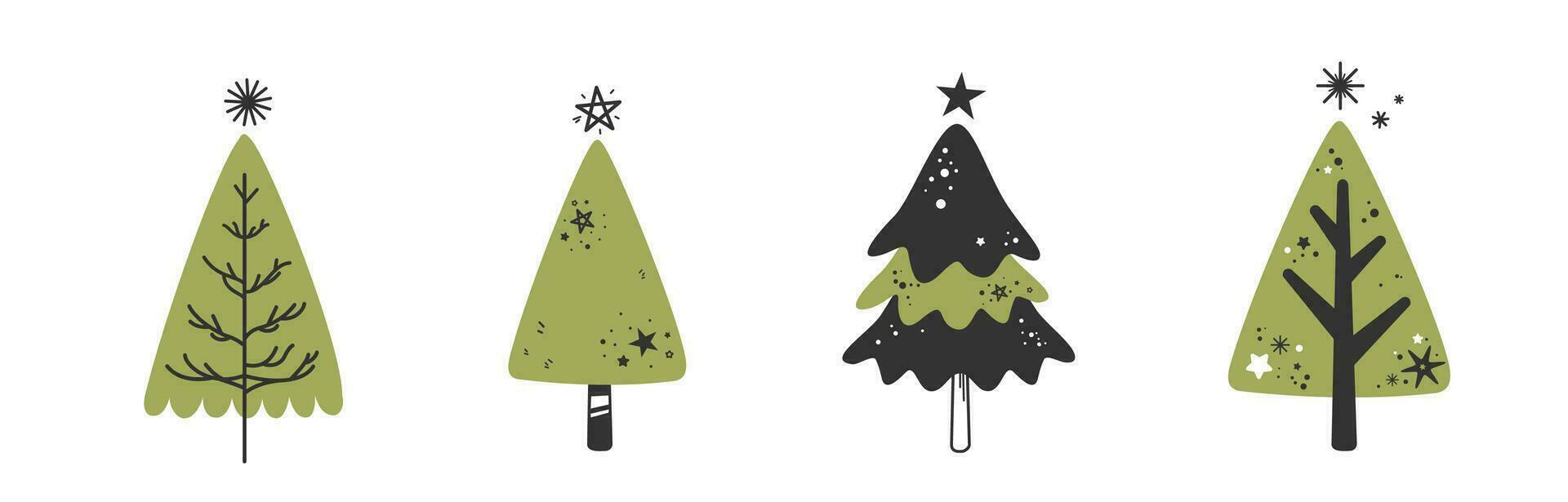 en olika uppsättning av söt jul träd med härlig dekoration linje konst och monoton platt vektor illustration isolerat på vit bakgrund. glad jul och Lycklig ny år.