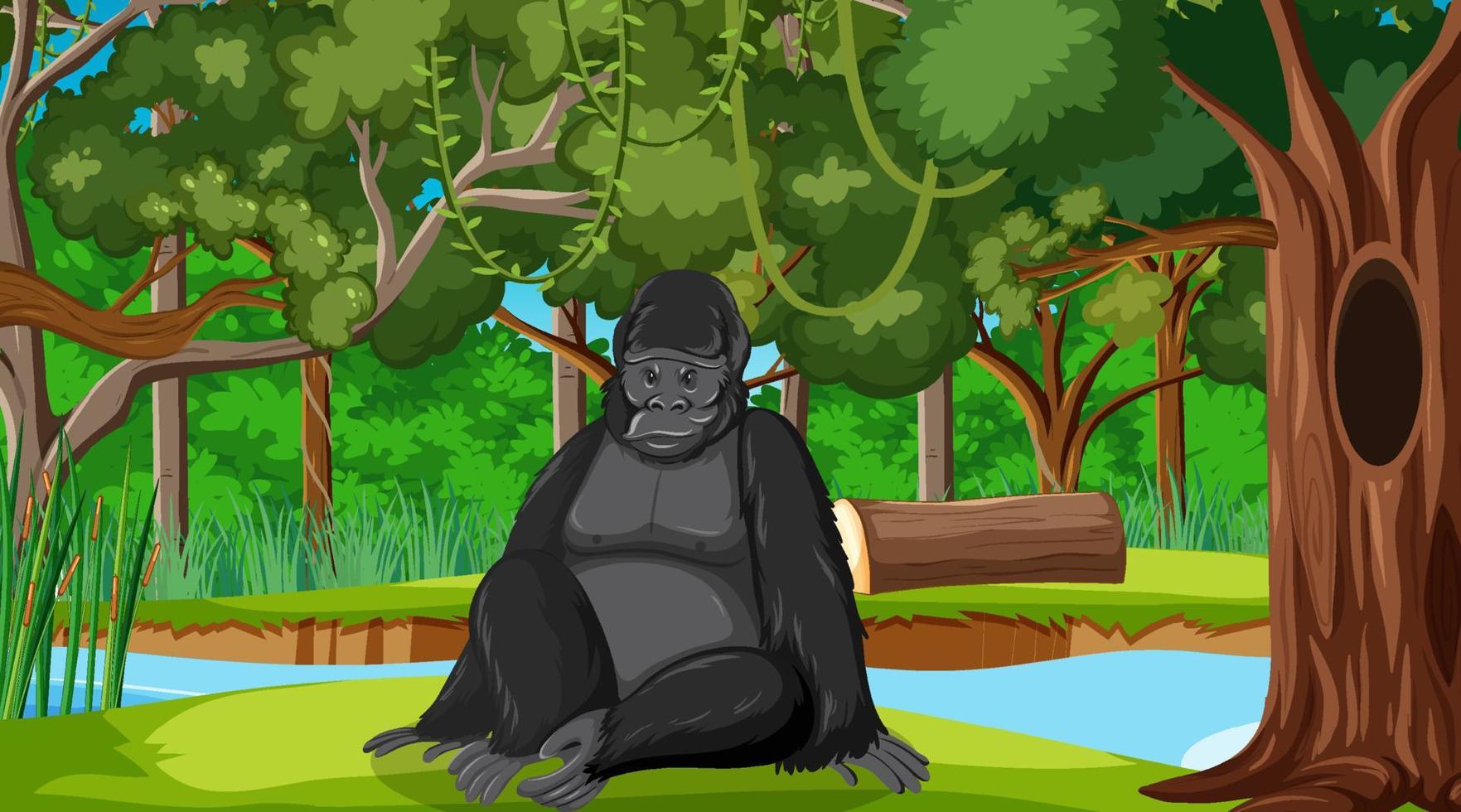 gorilla i skog eller regnskog med många träd vektor