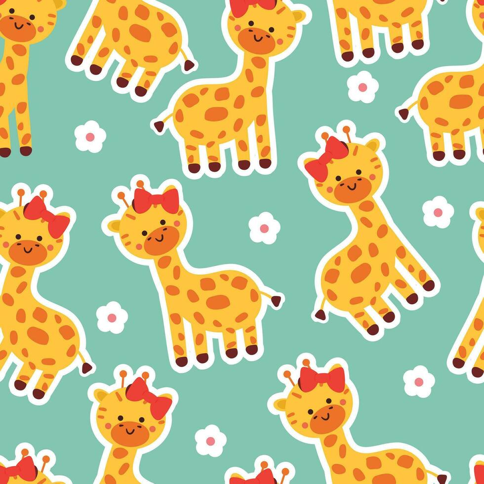sömlös mönster tecknad serie giraff och blommor. söt djur- tapet för textil, gåva slå in papper vektor
