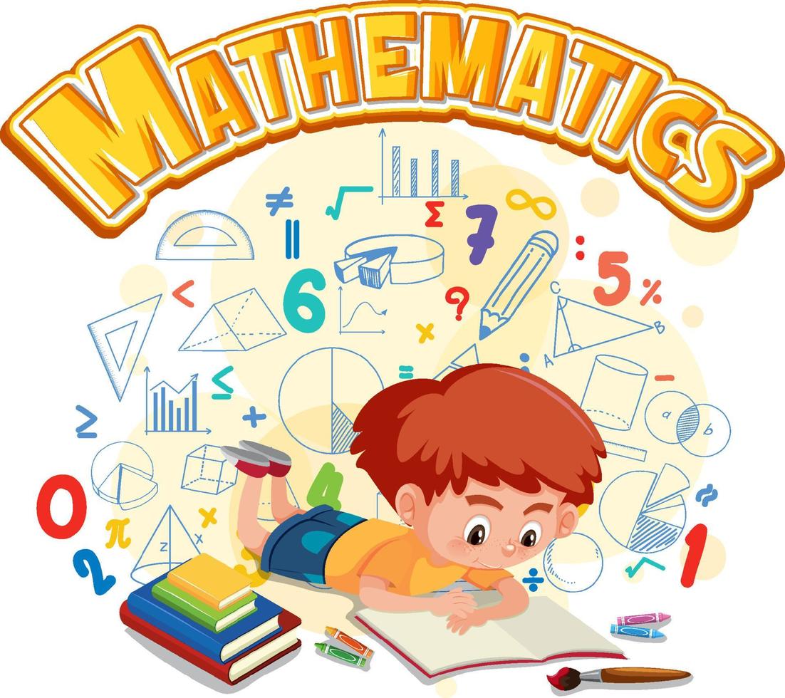 isolierte Mathematik-Schriftart-Banner mit Boy-Cartoon-Figur vektor