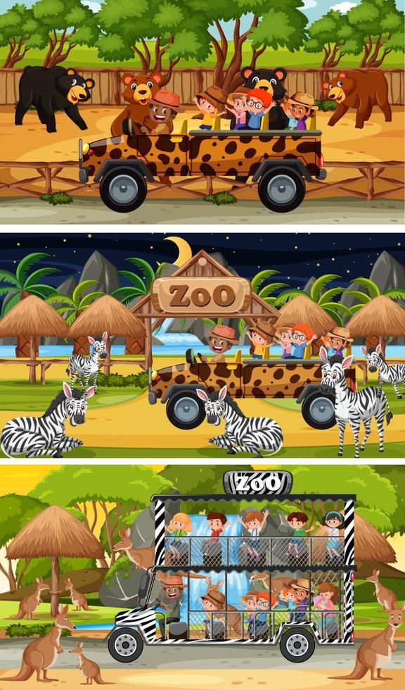 uppsättning olika safari horisontella scener med djur och barn seriefigur vektor