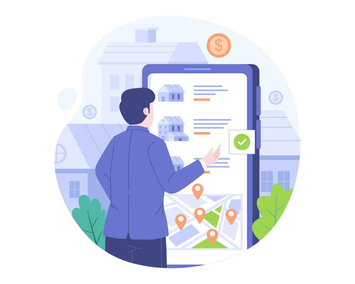 köpa eller hyra hus uppkopplad, verklig egendom Sök. uppköp fast egendom, person ser hus på de marknadsföra vektor