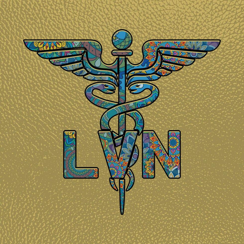 lvn Krankenschwester, medizinisch Symbol Caduceus Krankenschwester Praktiker lvn Vektor, Färbung medizinisch Symbol mit lvn Text, Caduceus Symbol, lvn Krankenschwester Mandela Design vektor