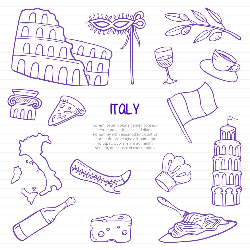 Italien nation eller land doodle handritad med konturstil vektor