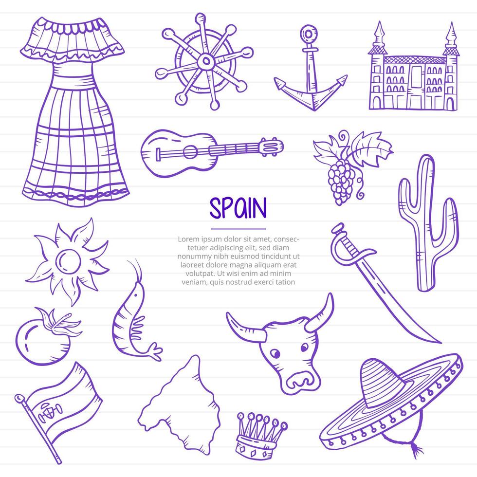 spanien nation eller land doodle hand dras med kontur vektor